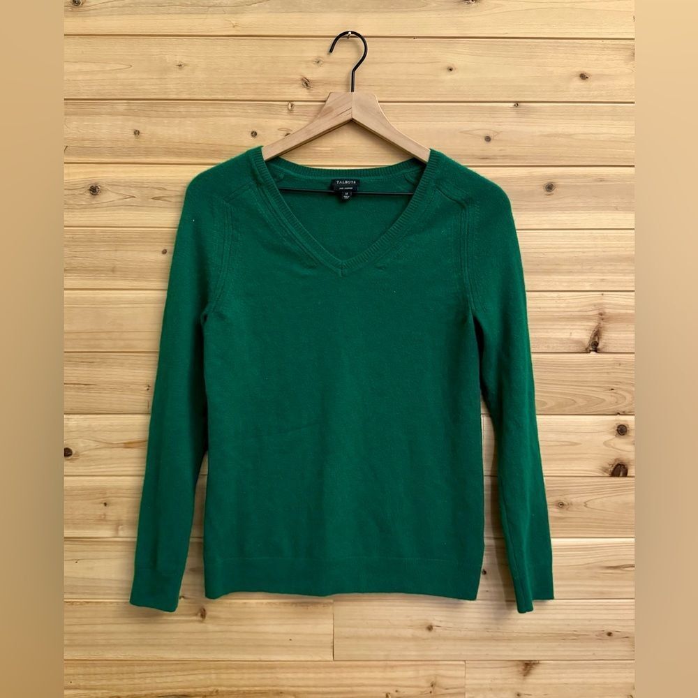 Talbots Size Medium 100% Cashmere Bright Green V Neck Pullover Sweater